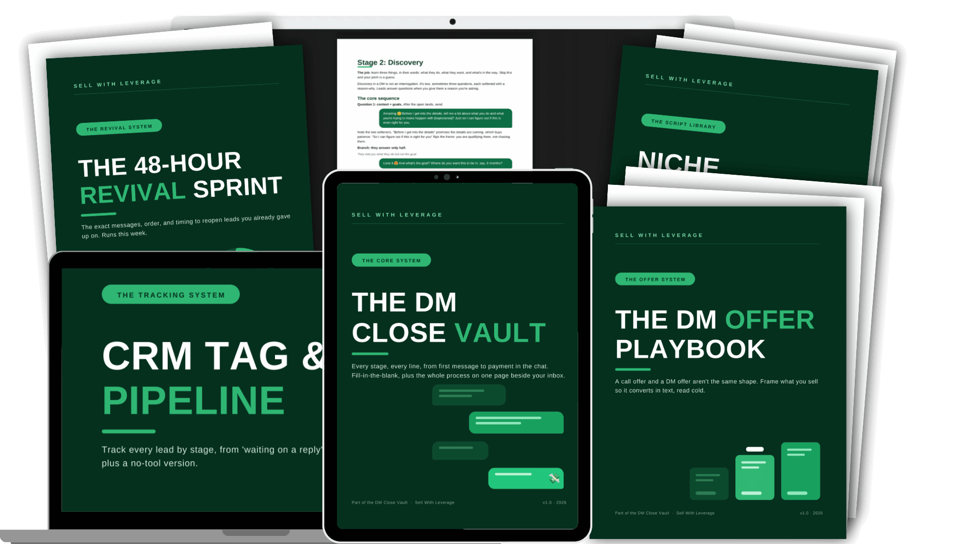The DM Close Vault with all five bonuses, shown across laptop, tablet, and printed playbooks